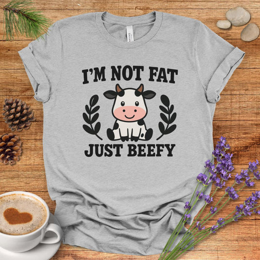 Funny Cow Pun T-Shirt – “I’m Not Fat, Just Beefy” Cartoon Farm Animal Tee for Rustic Country Living