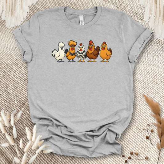 Chicken Breeds T-Shirt – Cartoon Silkie, Polish, Wyandotte, Brahma & Orpington Farm Animal Shirt for Chicken Lovers
