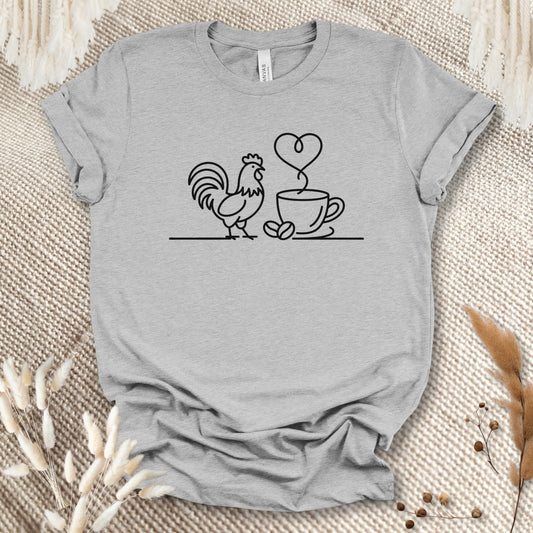Minimalist Chicken & Coffee Line Art T-Shirt – Chicken Lover Coffee Tee for Farmers & Morning Brew Fans