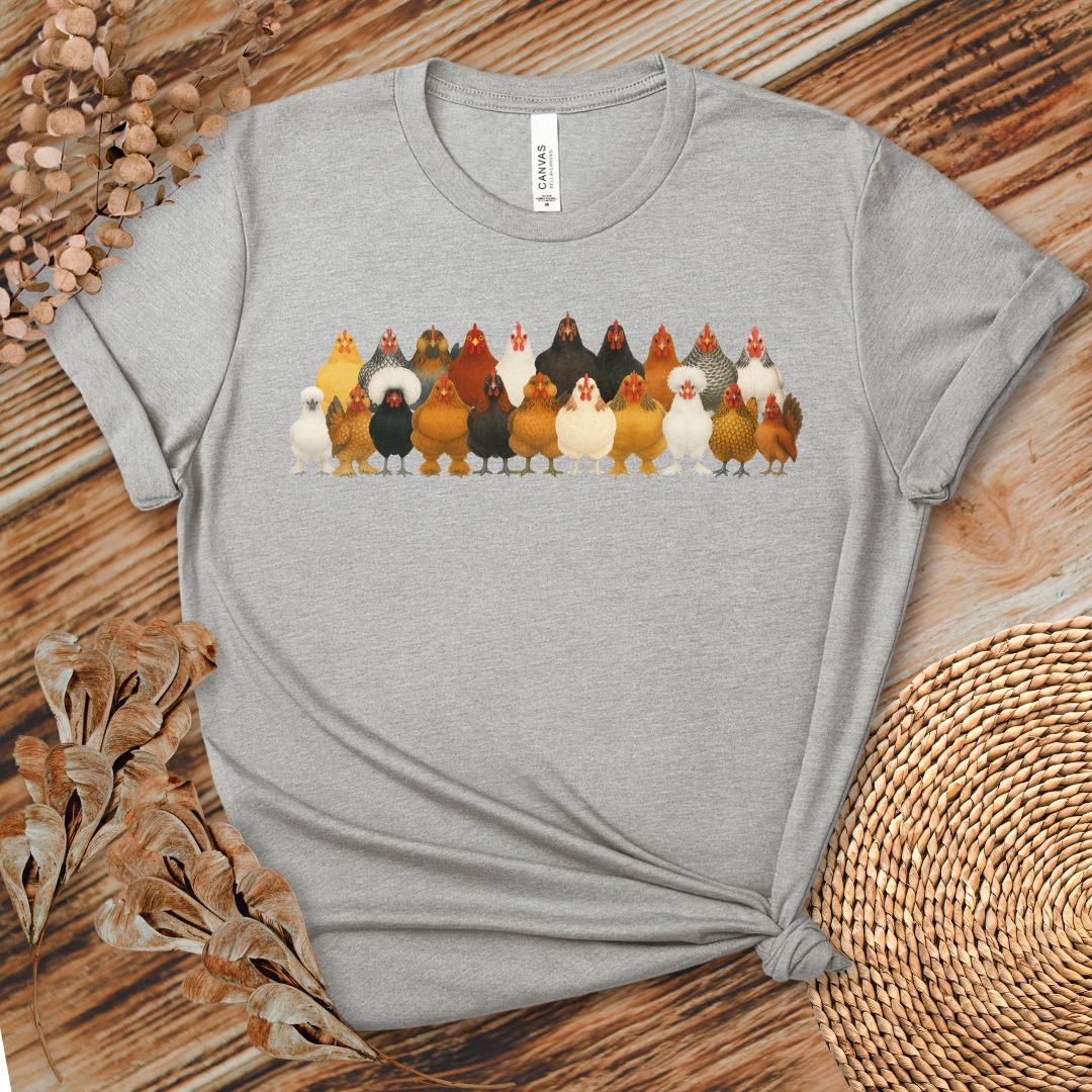 Chicken Breed Lineup T-Shirt | Colorful Hen Collection Tee for Chicken Lovers & Backyard Farmers