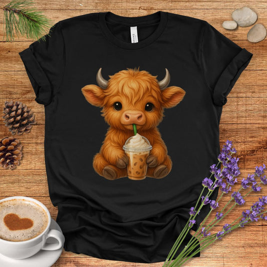 Cute Highland Cow T-Shirt – Coffee Lover Cow Tee for Farm, Country & Kawaii Style Fans