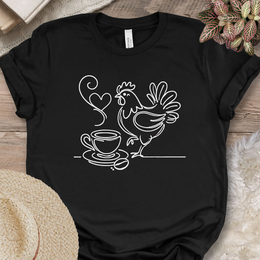Minimalist Coffee & Chicken Line Art T-Shirt
