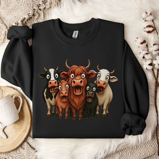 Funny Cow Lover Sweatshirt – Cute Cow Lineup Crewneck for Farm Life, Ranchers & Cow Moms