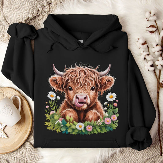 Highland Cow Hoodie – Cute Tongue-Out Cow & Wildflower Pullover for Farm Girls & Cow Lovers