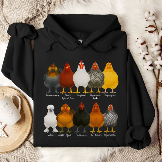 Chicken Breeds Hoodie – Cute Poultry Lover Gift for Chicken Keepers, Farmers & Backyard Flock Moms