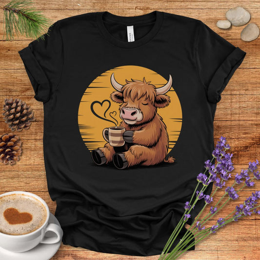 Highland Cow Coffee T-Shirt – Cozy Farmhouse Graphic Tee for Cow Lovers & Rustic Country Life