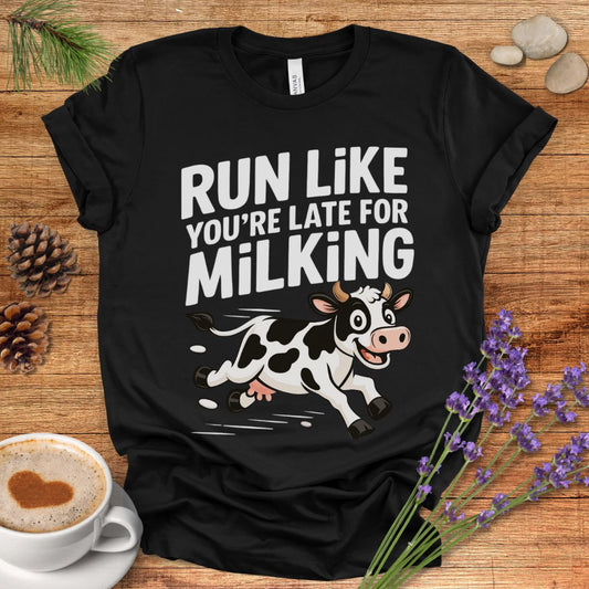 Funny Cow Lover T-Shirt – Run Like You’re Late for Milking Farm Tee for Cow Moms, Farmers & Country Life Fans