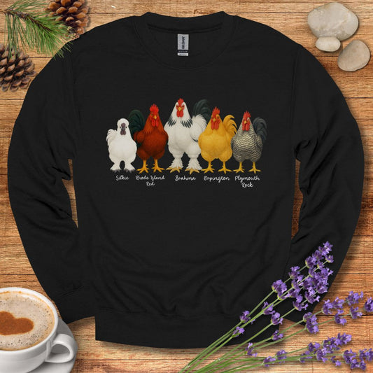 Rooster Lineup Sweatshirt – Silkie, Rhode Island Red, Brahma, Orpington & Plymouth Rock Pullover for Farm Animal Lovers