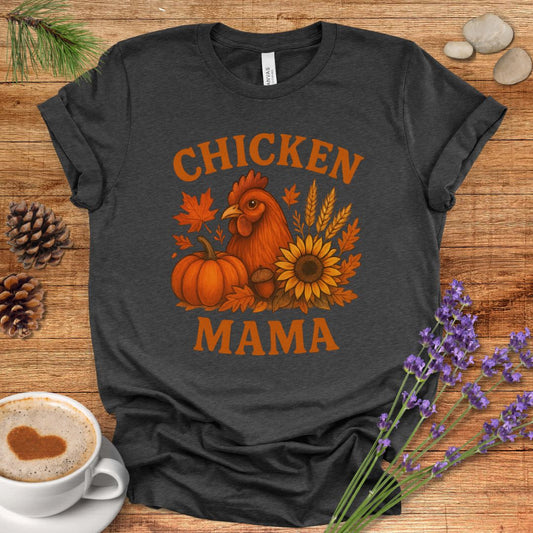 Chicken Mama Fall T-Shirt – Rustic Farmhouse Autumn Tee with Pumpkin, Sunflower & Chicken Design
