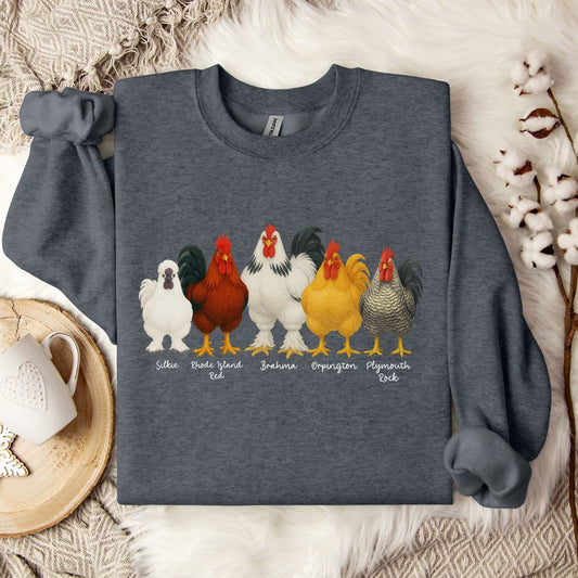 Rooster Lineup Sweatshirt – Silkie, Rhode Island Red, Brahma, Orpington & Plymouth Rock Pullover for Farm Animal Lovers