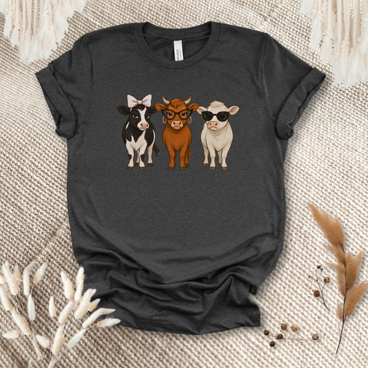 Trendy Cow Trio T-Shirt – Cute Stylish Cows with Bow & Sunglasses Farm Animal Tee