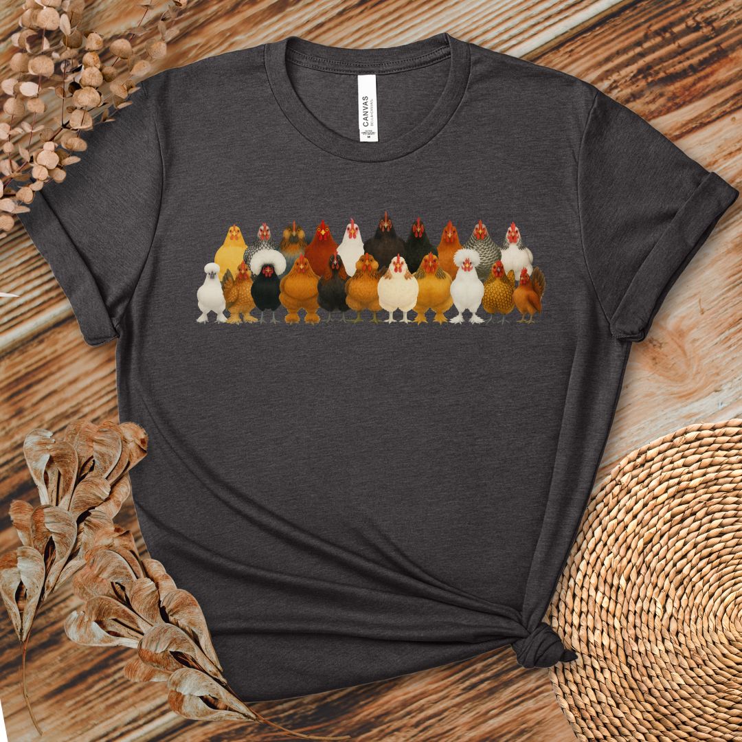 Chicken Breed Lineup T-Shirt | Colorful Hen Collection Tee for Chicken Lovers & Backyard Farmers