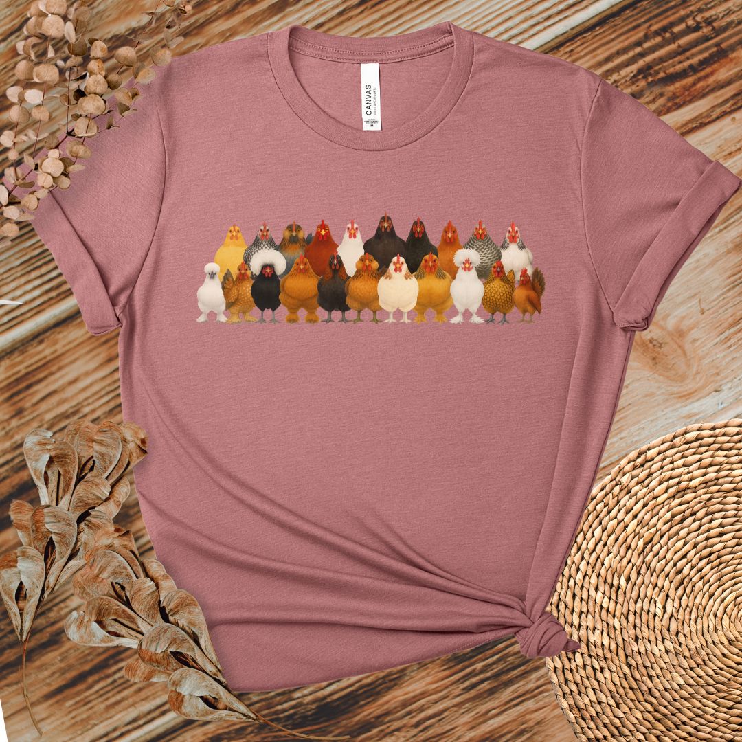 Chicken Breed Lineup T-Shirt | Colorful Hen Collection Tee for Chicken Lovers & Backyard Farmers