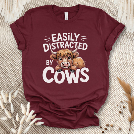 Easily Distracted by Cows T-Shirt – Funny Farm Animal Tee with Rustic Highland Cow Design