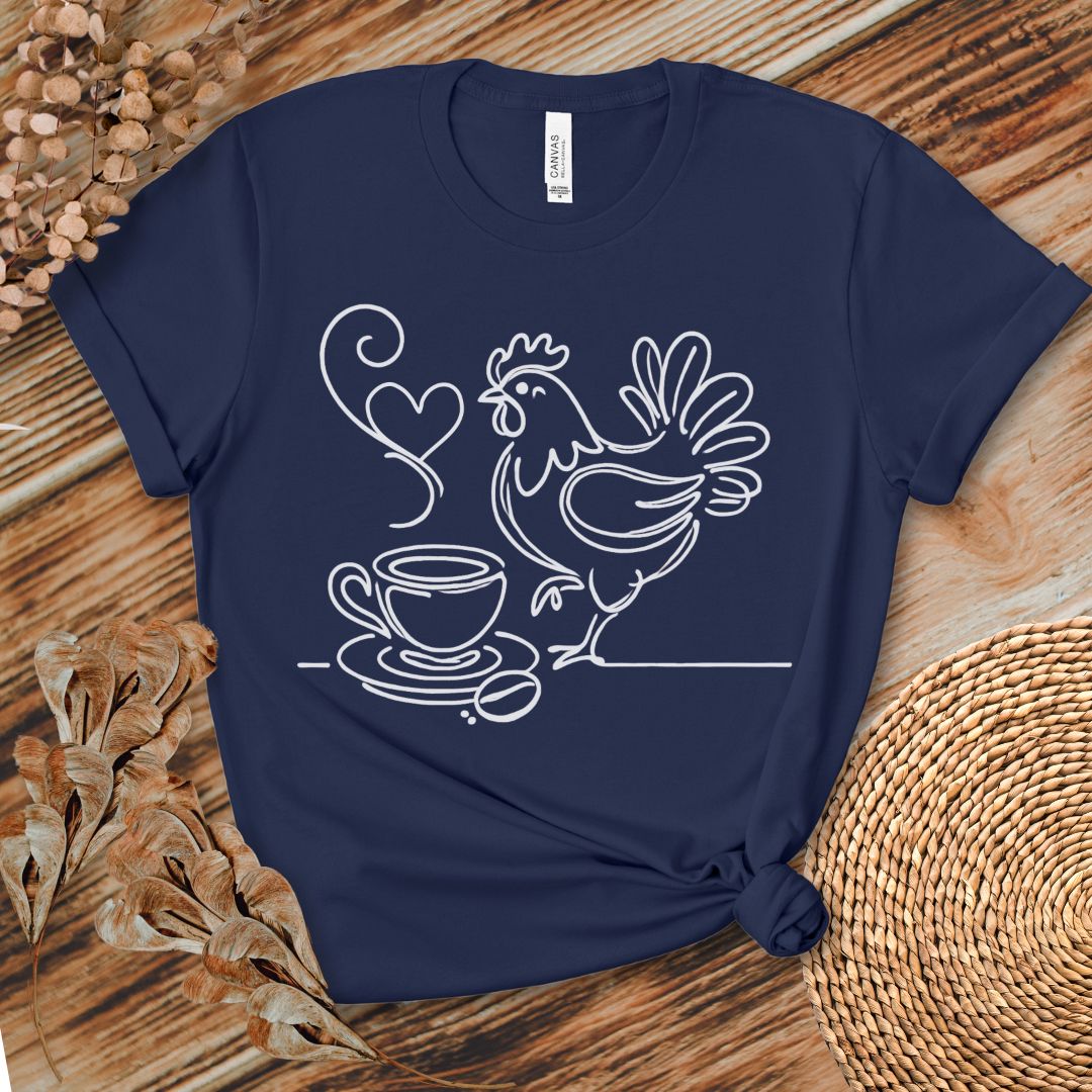 Minimalist Coffee & Chicken Line Art T-Shirt