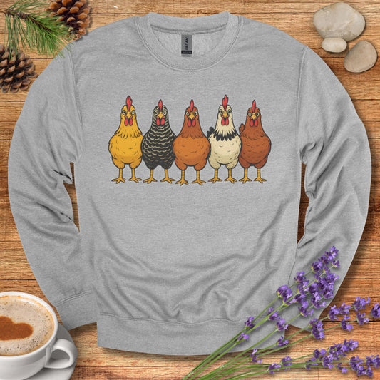 Hen Lineup Chicken Sweatshirt – Colorful Barnyard Pullover for Poultry Lovers & Farmhouse Living
