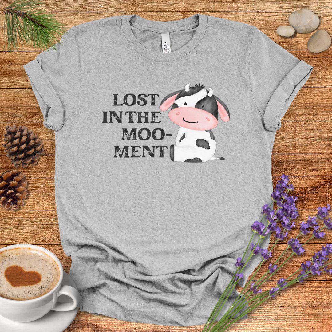 Funny Cow T-Shirt – “Lost in the Moo-ment” Farm Animal Pun Shirt for Cow Lovers & Farmers