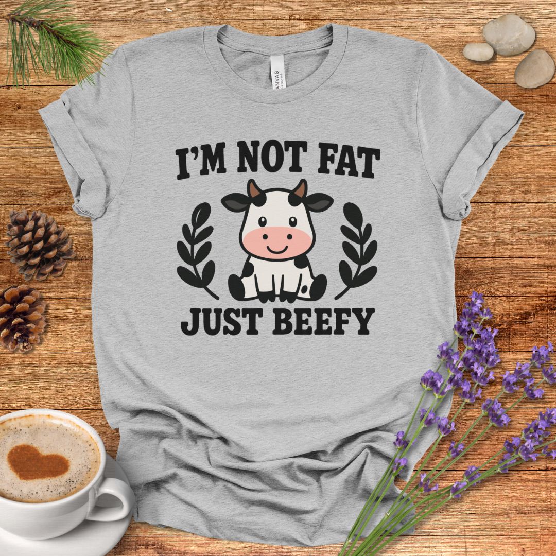 Funny Cow Pun T-Shirt – “I’m Not Fat, Just Beefy” Cartoon Farm Animal Tee for Rustic Country Living