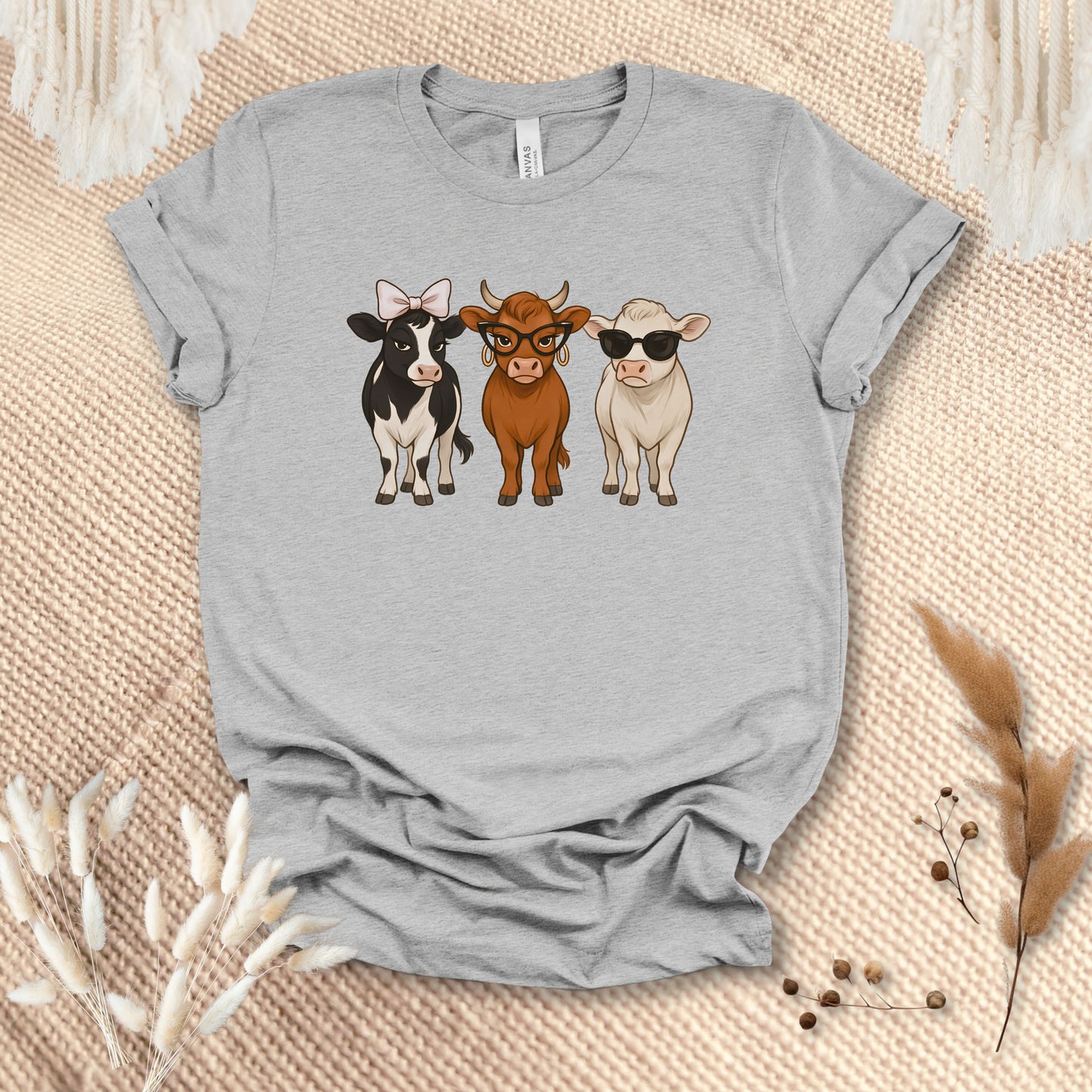 Trendy Cow Trio T-Shirt – Cute Stylish Cows with Bow & Sunglasses Farm Animal Tee