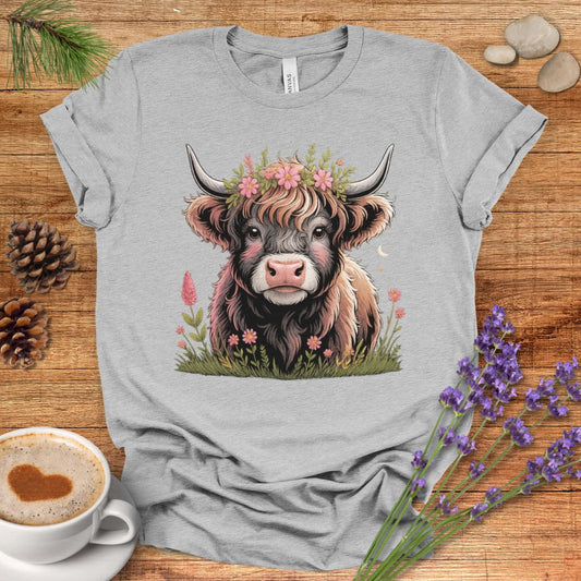 Floral Highland Cow T-Shirt – Boho Farmhouse Graphic Tee for Rustic Country Living & Cow Lovers