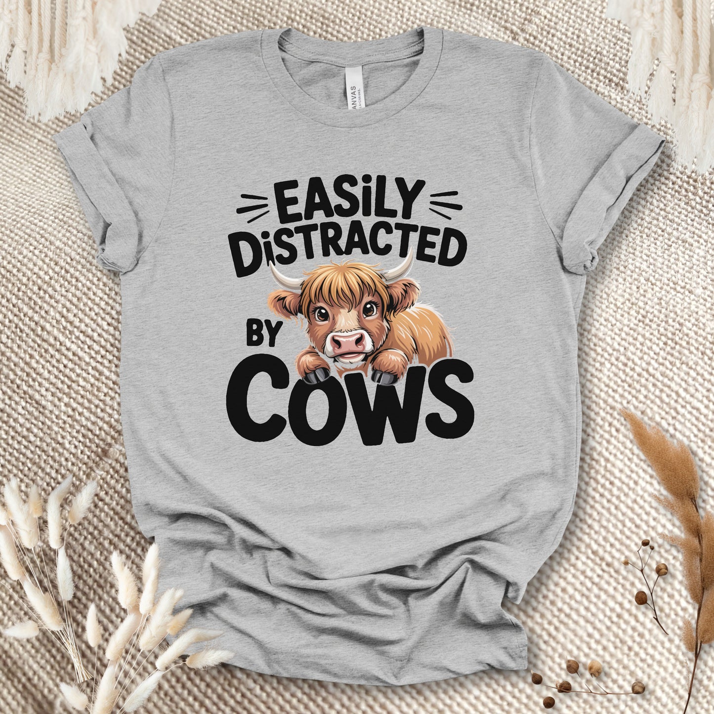 Easily Distracted by Cows T-Shirt – Funny Farm Animal Tee with Rustic Highland Cow Design