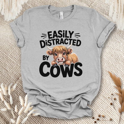 Easily Distracted by Cows T-Shirt – Funny Farm Animal Tee with Rustic Highland Cow Design