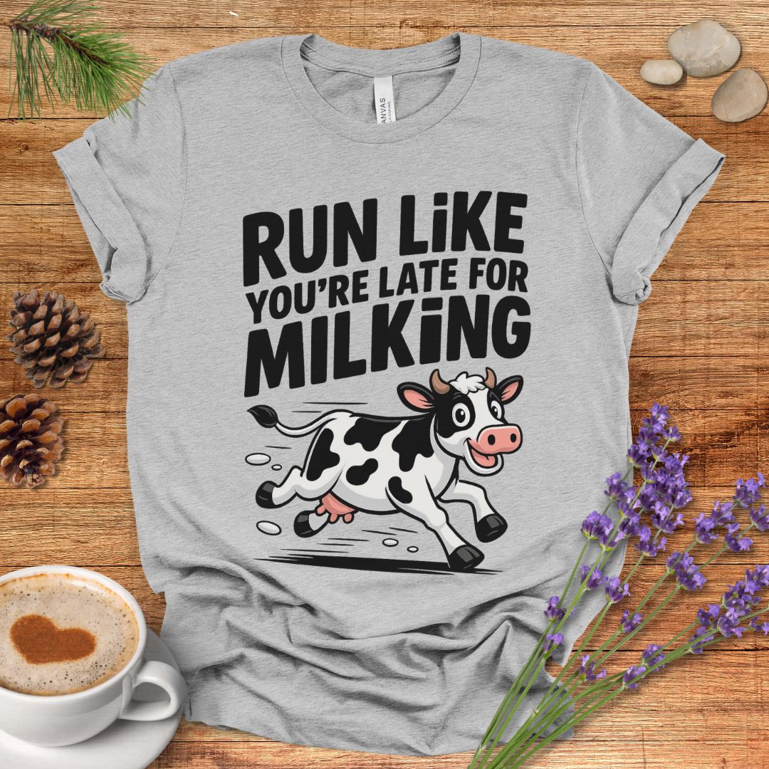 Funny Cow Lover T-Shirt – Run Like You’re Late for Milking Farm Tee for Cow Moms, Farmers & Country Life Fans