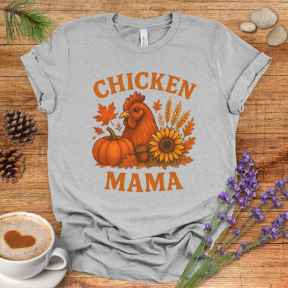 Chicken Mama Fall T-Shirt – Rustic Farmhouse Autumn Tee with Pumpkin, Sunflower & Chicken Design