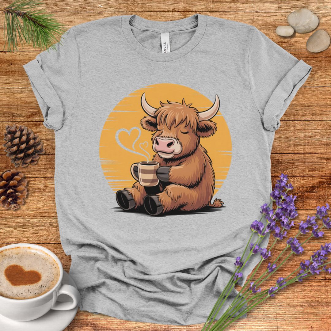 Highland Cow Coffee T-Shirt – Cozy Farmhouse Graphic Tee for Cow Lovers & Rustic Country Life