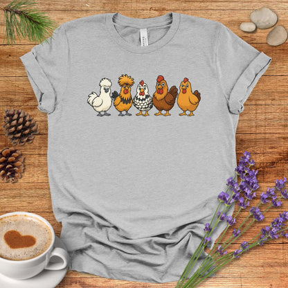 Chicken Breeds T-Shirt – Cartoon Silkie, Polish, Wyandotte, Brahma & Orpington Farm Animal Shirt for Chicken Lovers
