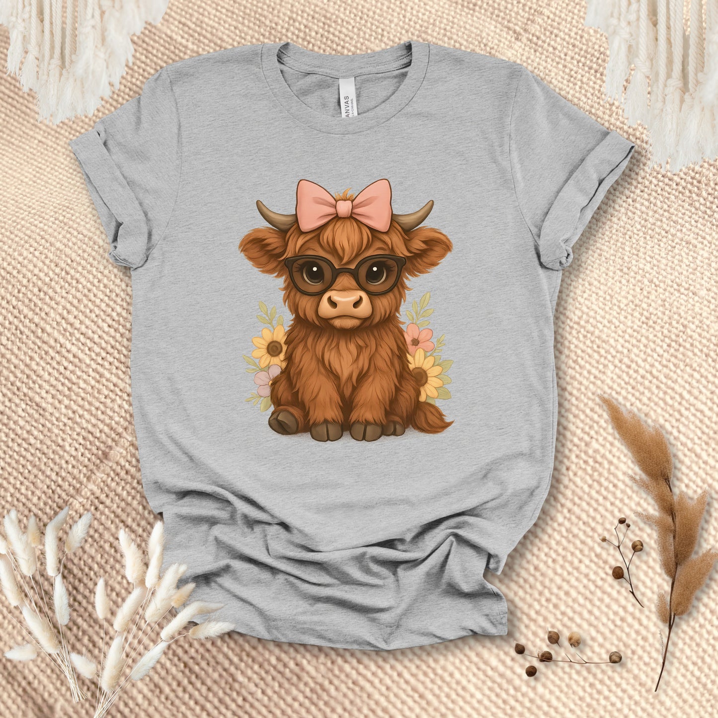 Cute Highland Cow T-Shirt – Floral Cow with Glasses Tee for Cow Lovers