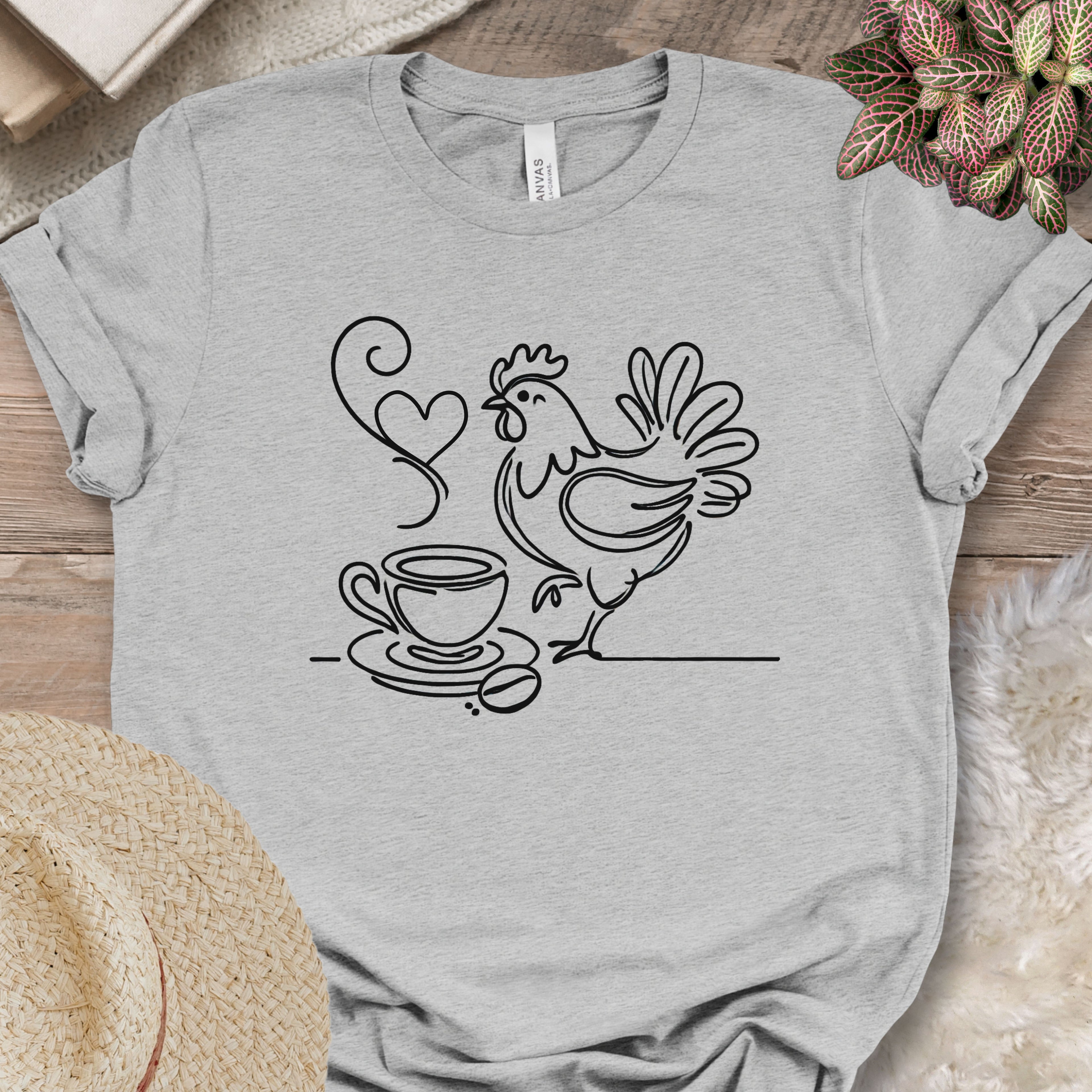 Minimalist Coffee & Chicken Line Art T-Shirt