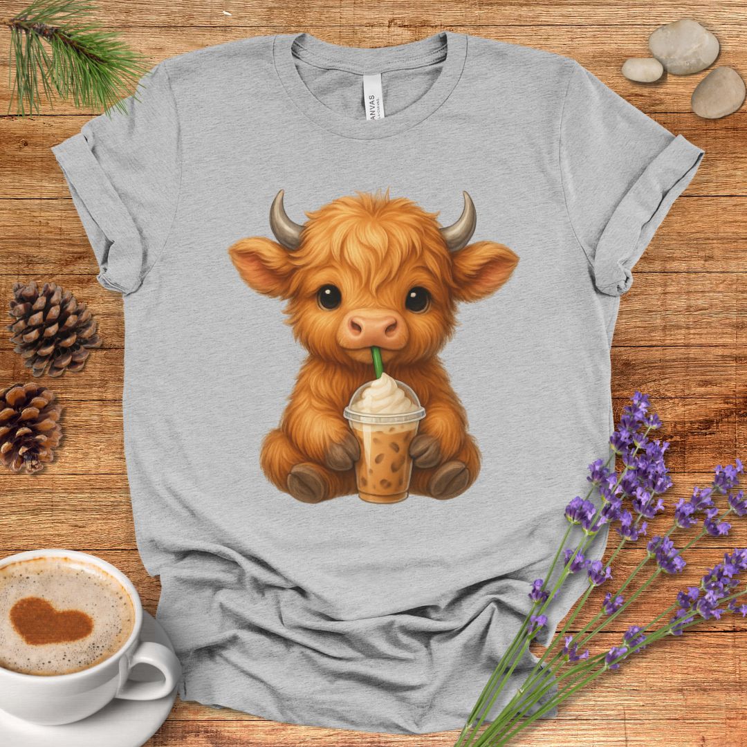 Cute Highland Cow T-Shirt – Coffee Lover Cow Tee for Farm, Country & Kawaii Style Fans