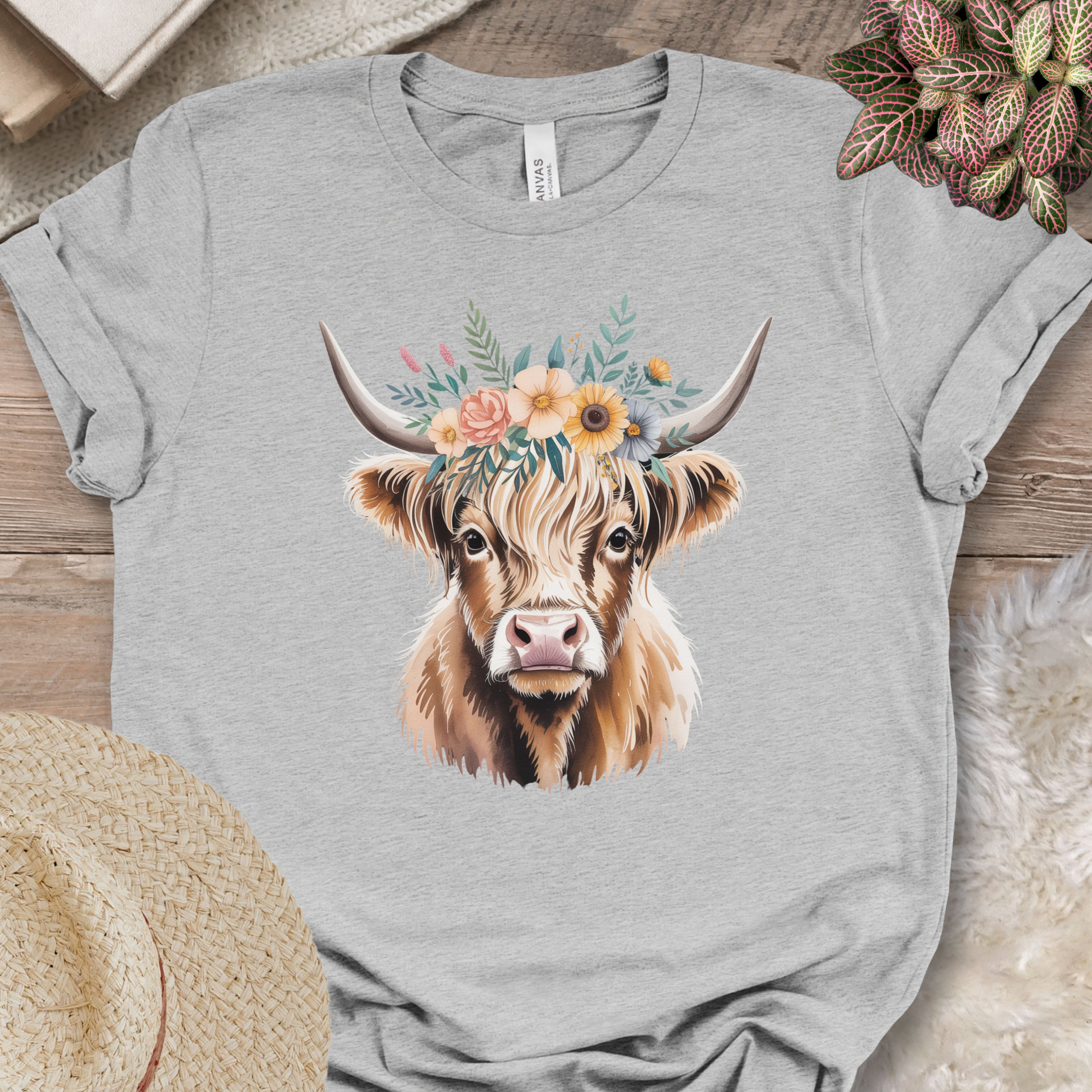Simple Floral Highland Cow Tee