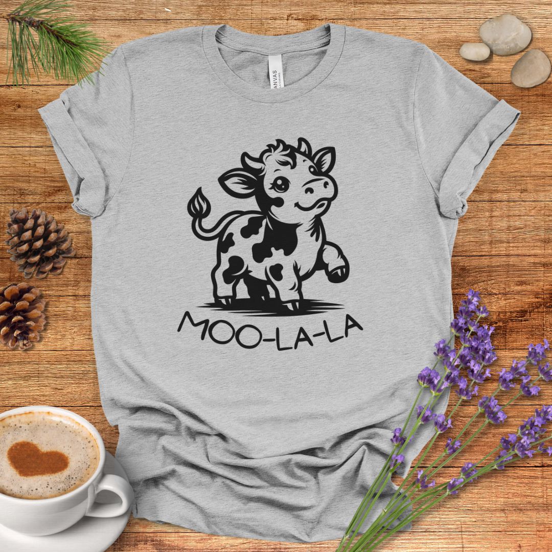 Cute Cow Cartoon T-Shirt – “Moo-La-La” Farm Animal Pun Tee for Rustic Country Living & Cow Lovers