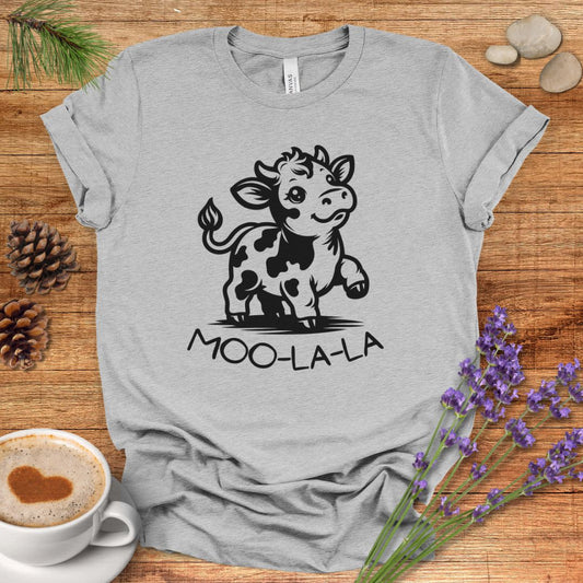 Cute Cow Cartoon T-Shirt – “Moo-La-La” Farm Animal Pun Tee for Rustic Country Living & Cow Lovers