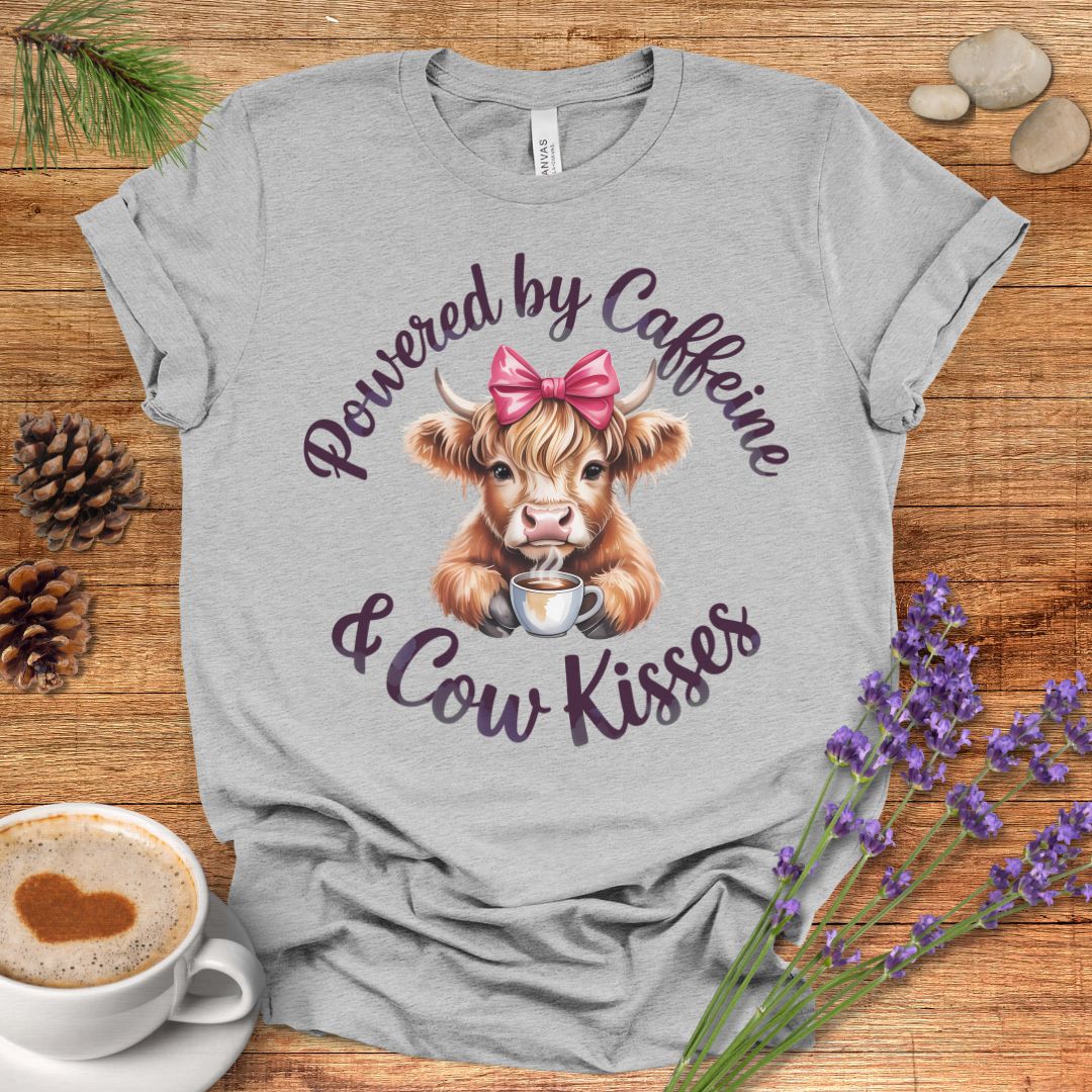 Funny Highland Cow Lover T-Shirt – Powered by Caffeine & Cow Kisses Tee for Cow Moms, Coffee Lovers & Country Life Fans