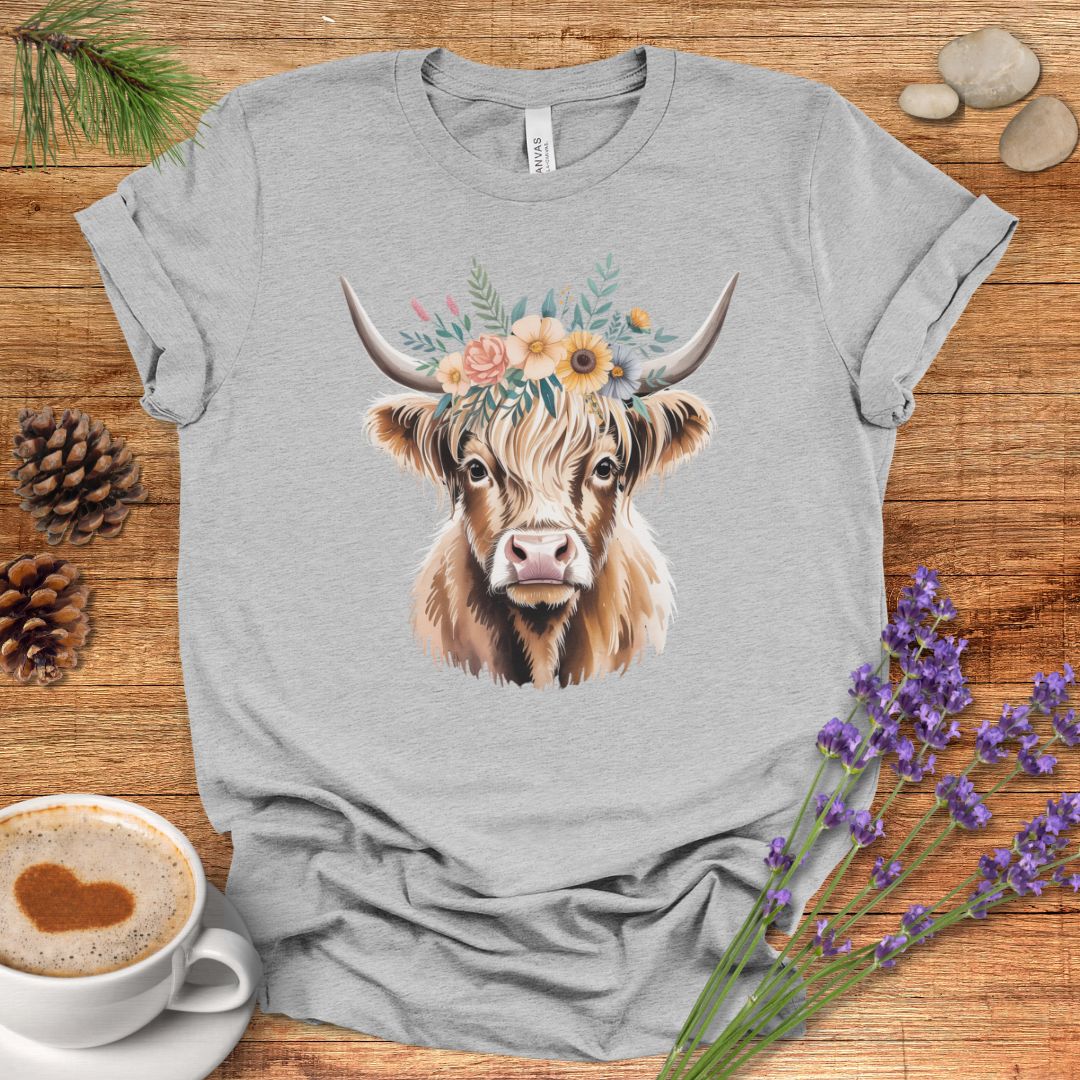 Floral Highland Cow T-Shirt – Rustic Boho Farmhouse Graphic Tee for Country Living & Cow Lovers