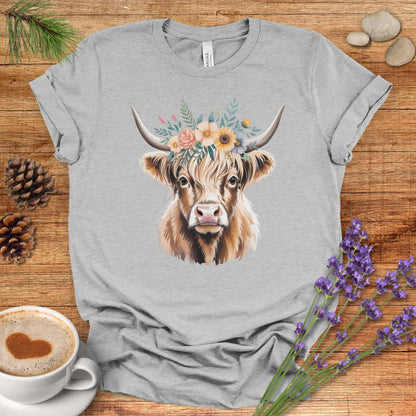 Floral Highland Cow T-Shirt – Rustic Boho Farmhouse Graphic Tee for Country Living & Cow Lovers