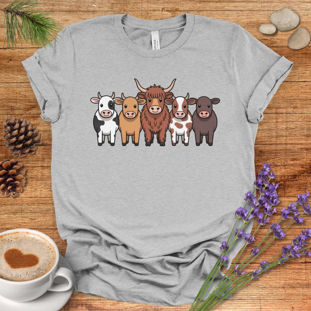 Cartoon Cow Breeds T-Shirt – Cute Farm Animal Lineup Tee with Highland, Dairy & Spotted Cows