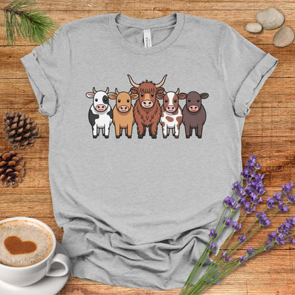 Cartoon Cow Breeds T-Shirt – Cute Farm Animal Lineup Tee with Highland, Dairy & Spotted Cows