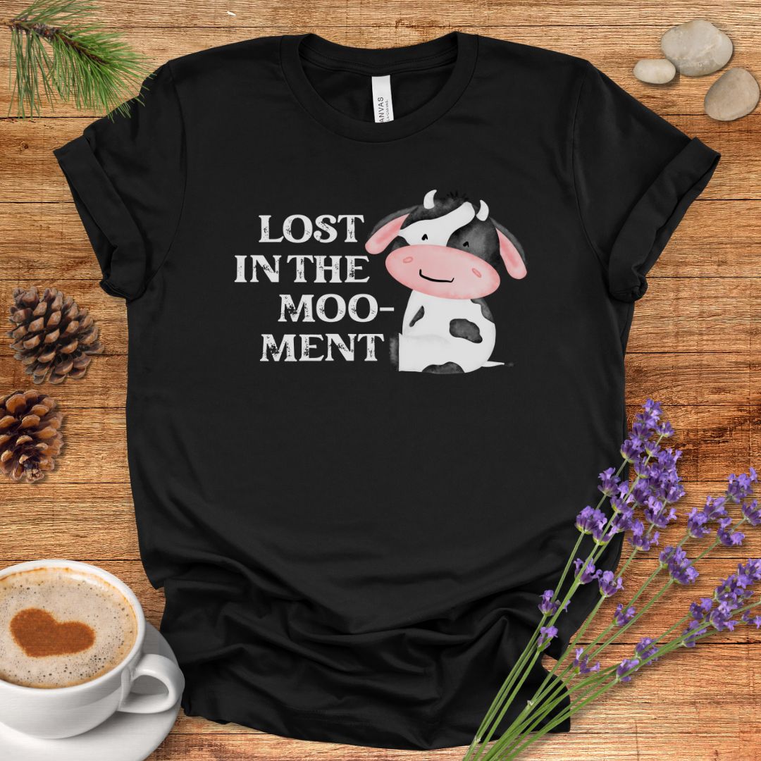 Funny Cow T-Shirt – “Lost in the Moo-ment” Farm Animal Pun Shirt for Cow Lovers & Farmers
