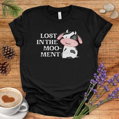 Funny Cow T-Shirt – “Lost in the Moo-ment” Farm Animal Pun Shirt for Cow Lovers & Farmers