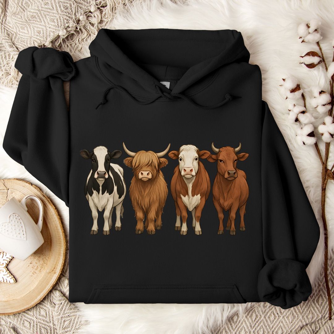 Cow Breed Hoodie – Highland, Holstein & Brown Cow Lineup Pullover for Ranchers & Cow Lovers