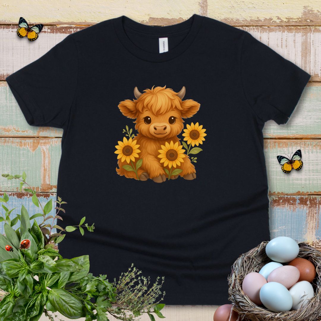 Cute Highland Cow Kids T-Shirt – Sunflower Cow Tee for Little Farm Animal Lovers