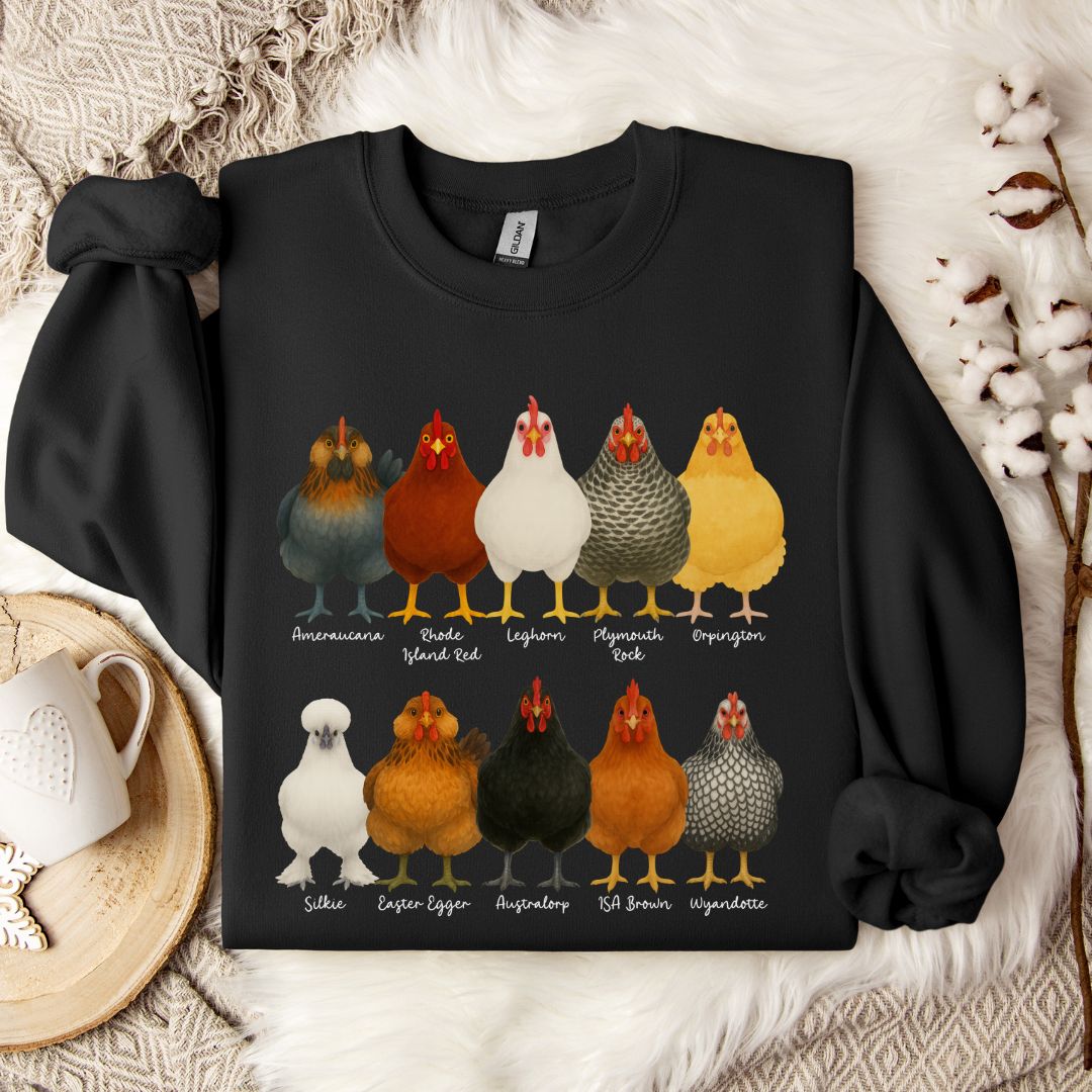 Chicken Breeds Sweatshirt – Farm Animal Pullover with Popular Hen & Rooster Varieties for Chicken Lovers