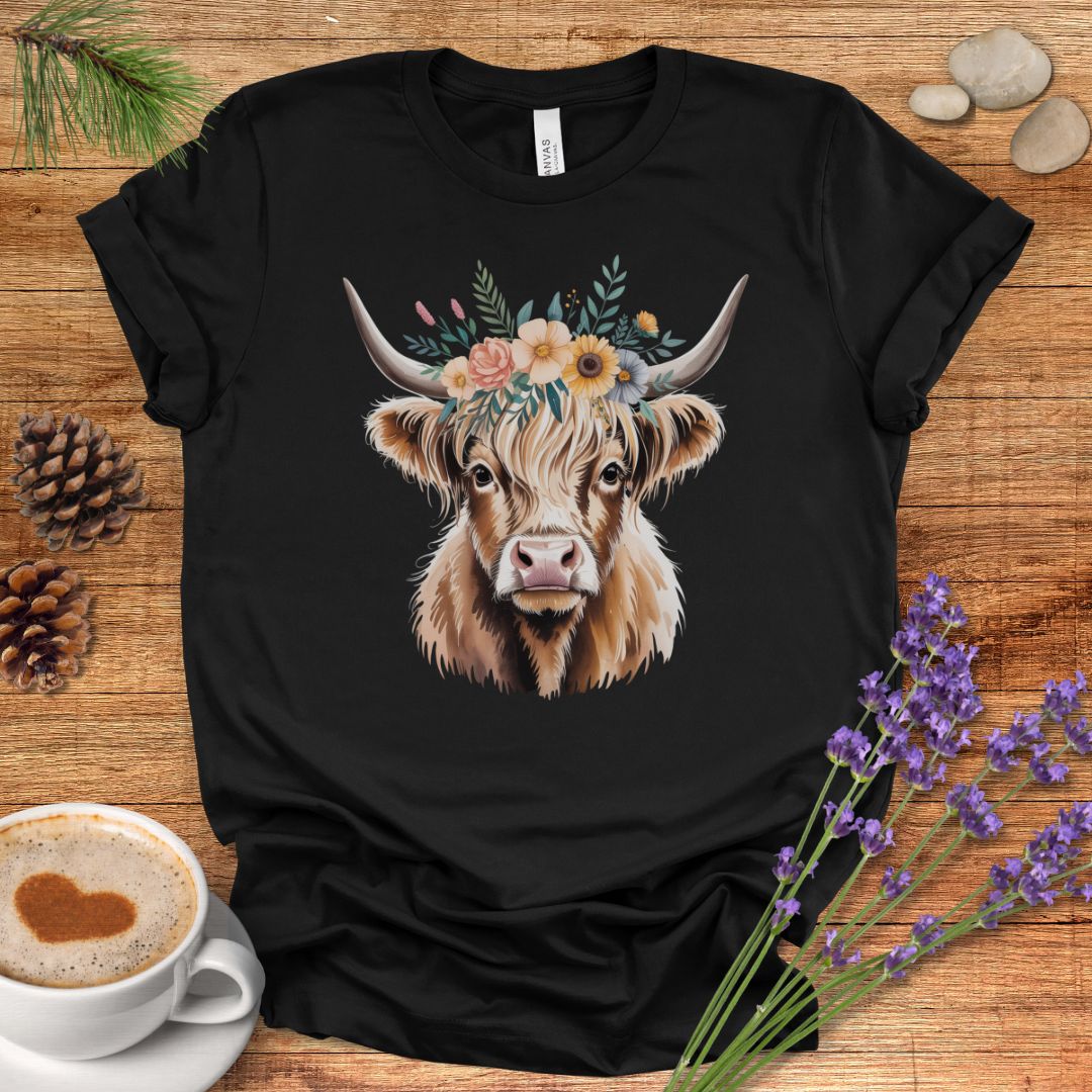 Floral Highland Cow T-Shirt – Rustic Boho Farmhouse Graphic Tee for Country Living & Cow Lovers