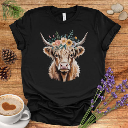Floral Highland Cow T-Shirt – Rustic Boho Farmhouse Graphic Tee for Country Living & Cow Lovers