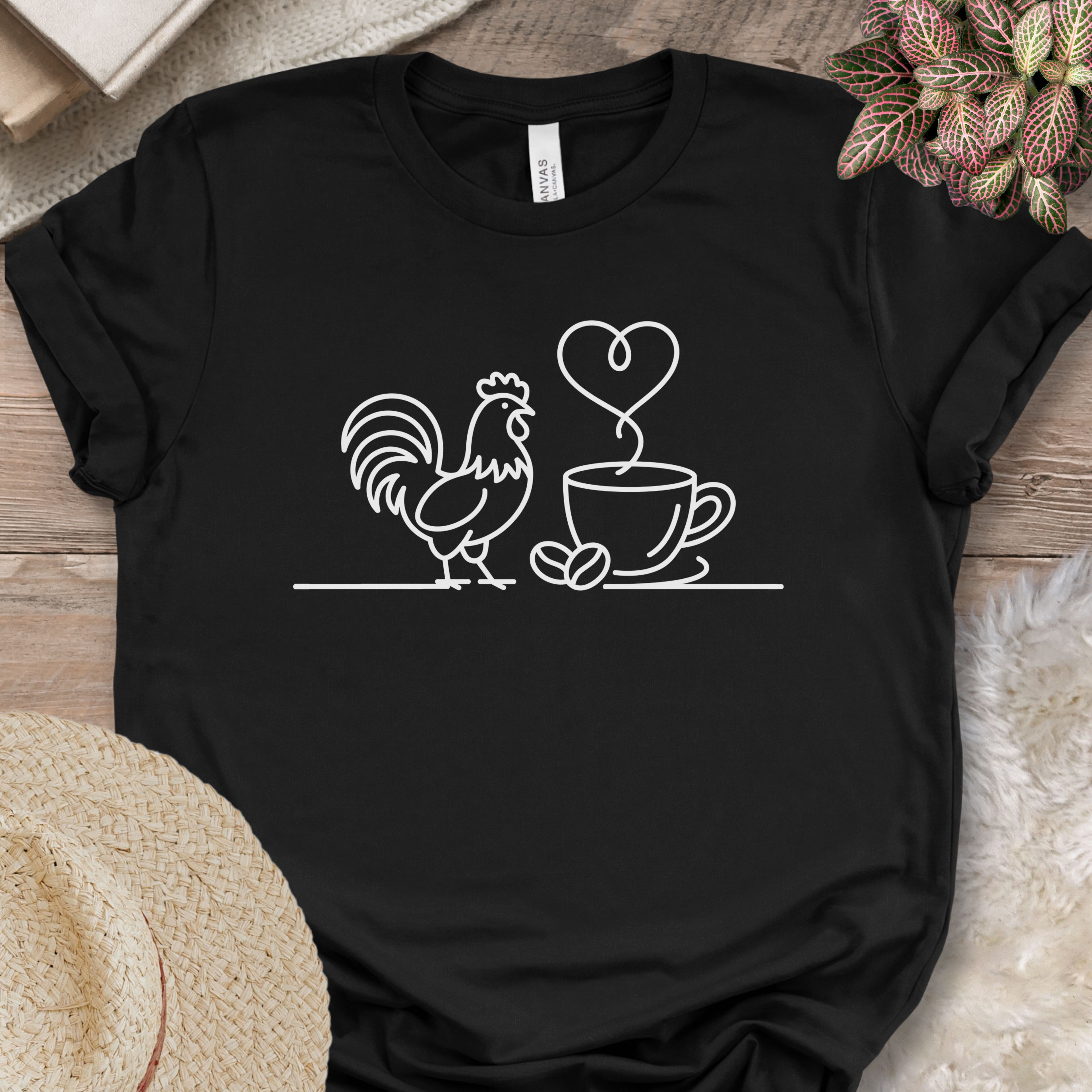 Minimalist Chicken & Coffee Line Art Tee