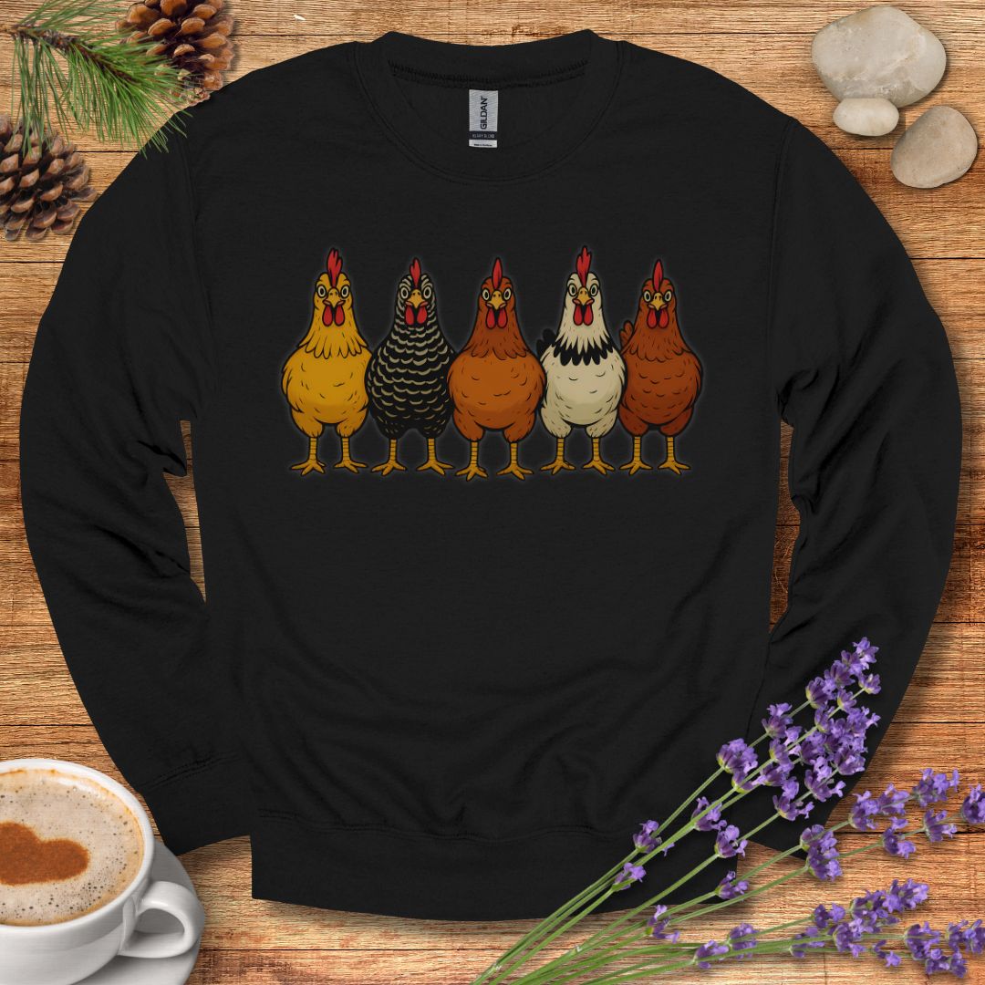 Hen Lineup Chicken Sweatshirt – Colorful Barnyard Pullover for Poultry Lovers & Farmhouse Living